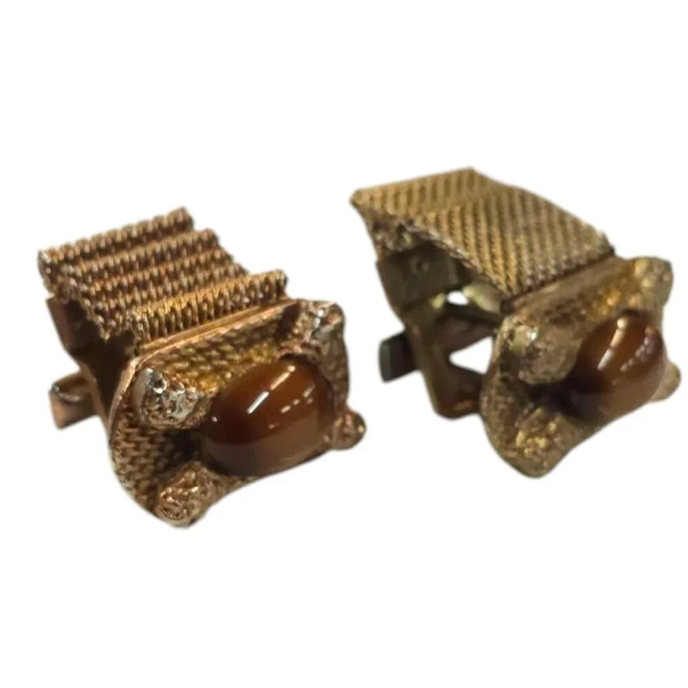 Vintage Cats Eye Chainmail Cufflinks Rectangle Bronze Tone Men Brown MCM Jewelry